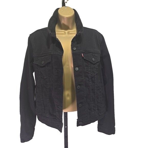 Levis Red Tab Trucker Jacket Womens L Black Denim Jean Stretch Western - Picture 1 of 8